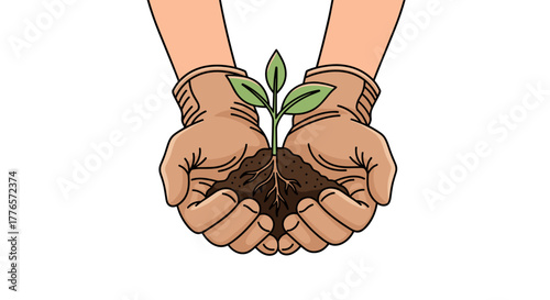 Hands in gardening gloves holding a small plant with soil  