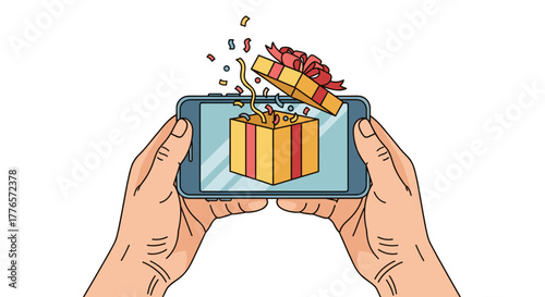 Hands holding smartphone displaying a gift with confetti and bow  