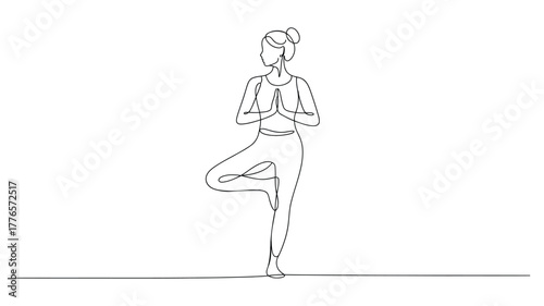 continuous line drawing of a woman performing tree pose with prayer hands – minimalist yoga illustration for balance, focus, and mindfulness