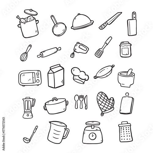Black and white illustration of various kitchen utensils and cooking tools for culinary activities.
