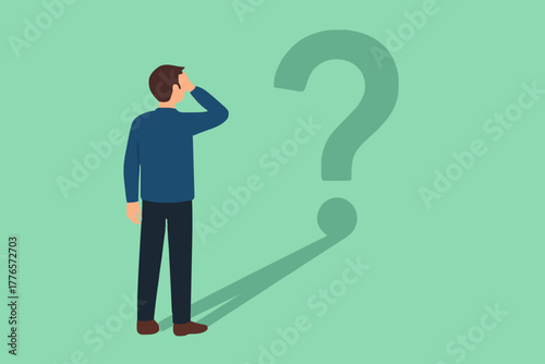 Confusion concept, uncertainty or self doubt, question to answer or find solution to solve problem concept, find meaning in life, curious businessman looking at self reflection as question mark.