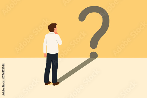Confusion concept, uncertainty or self doubt, question to answer or find solution to solve problem concept, find meaning in life, curious businessman looking at self reflection as question mark.