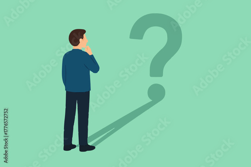 Confusion concept, uncertainty or self doubt, question to answer or find solution to solve problem concept, find meaning in life, curious businessman looking at self reflection as question mark.