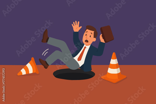 Failure or mistake leading to disaster despair, problems from crisis, business accident, frightened businessman falling into a hole.