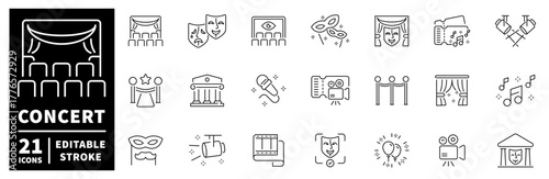 Concert and theater editable line icons set. performance and entertainment symbols