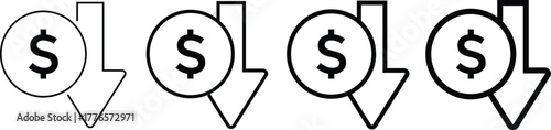 Cost reduction icon price lower arrow. Save Money symbols. Price Reduction sign. Money Saving Graphic designs. Cost Cutting Icons
