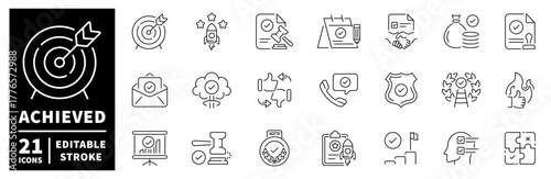 Achievement and success editable line icons set. goal and progress symbols