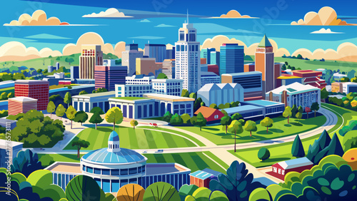 Very beautiful aerial view of Lexington, Kentucky on a clear, bright late summer day, showcasing the cityscape, lush greenery, and surrounding landscape under a vivid blue sky.