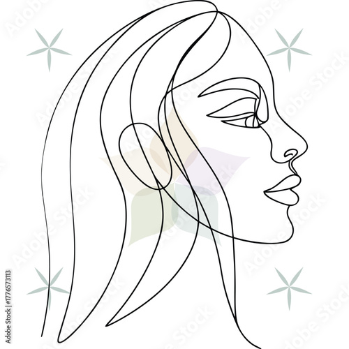 Sophisticated Line Art Woman Profile With Long Hair Flowers face minimalist abstract beauty single lineart