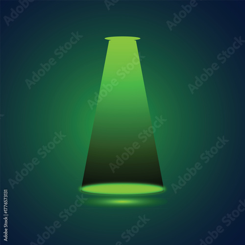 Green light beam with stage lighting.Spotlight sources, concert light effect, flashlight set on gradient background.