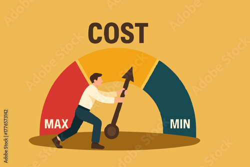 Businessman people turning cost dial to a low illustration. Cost reduction, cost cutting and efficiency concept