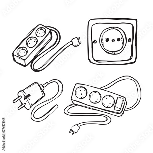 Hand-drawn illustration of electrical outlets and plugs on white background.