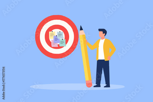 Goal setting, achievable target or purposeful objective, mission to accomplish or challenge to win for business success concept, businessman write down goal on notes and put on big dartboard target.
