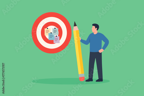 Goal setting, achievable target or purposeful objective, mission to accomplish or challenge to win for business success concept, businessman write down goal on notes and put on big dartboard target.