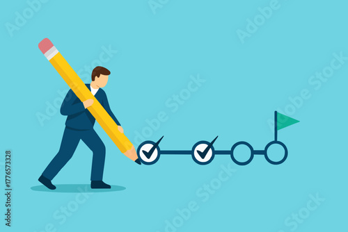 Project tracking, goal tracker, task completion or checklist to remind project progress concept, businessman project manager holding big pencil to check completed tasks in project management timeline.