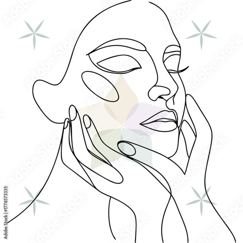Delicate Line Art Woman Face With Hands Touching Cheeks Eyes Closed minimalist abstract beauty single lineart