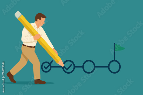 Project tracking, goal tracker, task completion or checklist to remind project progress concept, businessman project manager holding big pencil to check completed tasks in project management timeline.