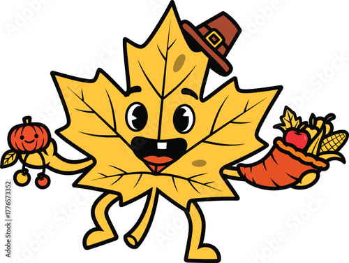Cute cartoon maple leaf character wears a pilgrim hat and holds fruits and a cornucopia