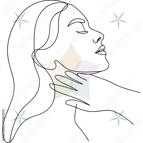 Continuous line art a woman's profile with a hand touching her neck face abstract beauty single lineart