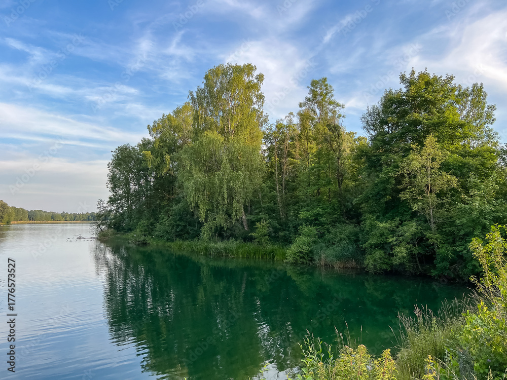Fototapeta premium Calm forest lake landscape with reflection of green trees in water under blue sky