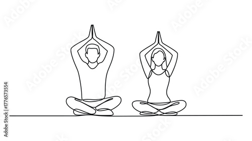 continuous line drawing of two people meditating in lotus pose with raised hands – minimalist yoga art for wellness, mindfulness, and peace