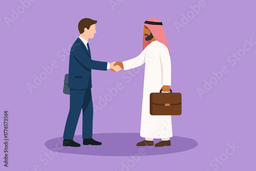 Business concept vector illustration of an Arabic businessman shake hand with western businessman