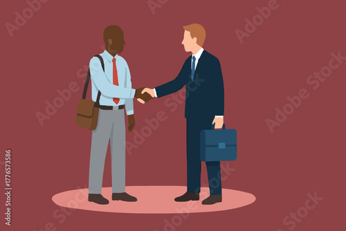 Business concept vector illustration of an Arabic businessman shake hand with western businessman