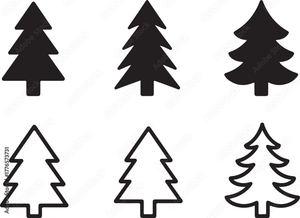 Obraz premium Collection of six stylized christmas tree icons in black and white for festive design elements
