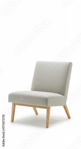 Modern slipper chair features light upholstery and natural wood supports against a white background