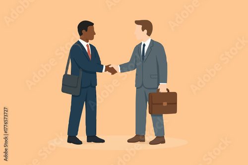 Business concept vector illustration of an Arabic businessman shake hand with western businessman