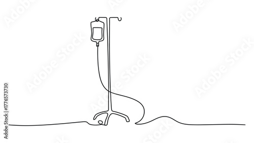 continuous line drawing of an iv drip stand with hanging fluid bag and tubing – minimalist medical equipment illustration for healthcare themes