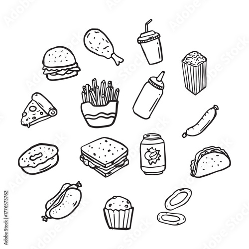 A collection of hand-drawn, black and white illustrations of various fast food items and snacks.