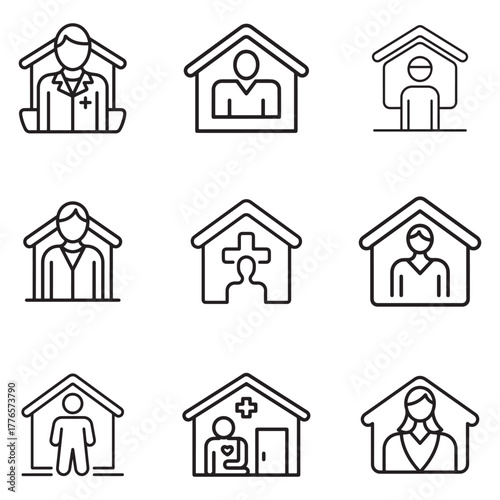 Home care nursing service icon set featuring a silhouette of a nurse