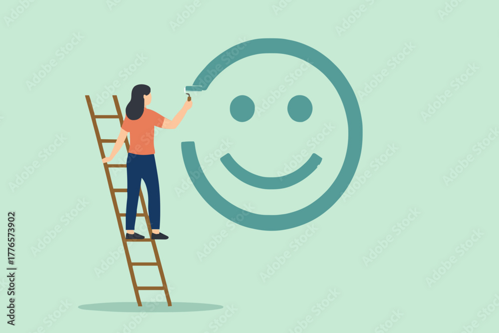 Fototapeta premium Happiness and positive thinking, optimism or motivation to live happy life concept, happy boy climb up ladder to paint smile face on the wall.