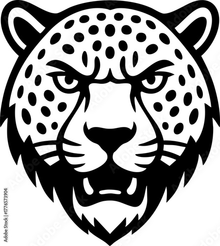 Simplified black jaguar head with fierce expression in flat silhouette vector form.