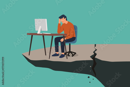 Businessman relaxing on his chair on the cracked cliff edge, comfort zone, risk, danger concept