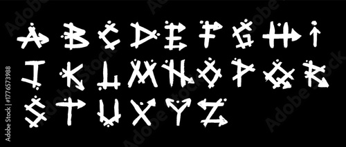 African mexican tribal English alphabet featuring hand-drawn geometric letters and stone texture. Abstract white on black bg doodle font for textile, banner, design evoking ancient tribe age. Vector