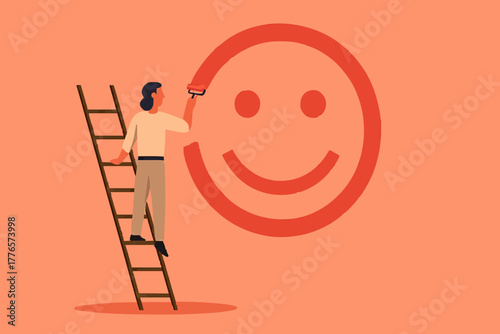 Happiness and positive thinking, optimism or motivation to live happy life concept, happy boy climb up ladder to paint smile face on the wall.