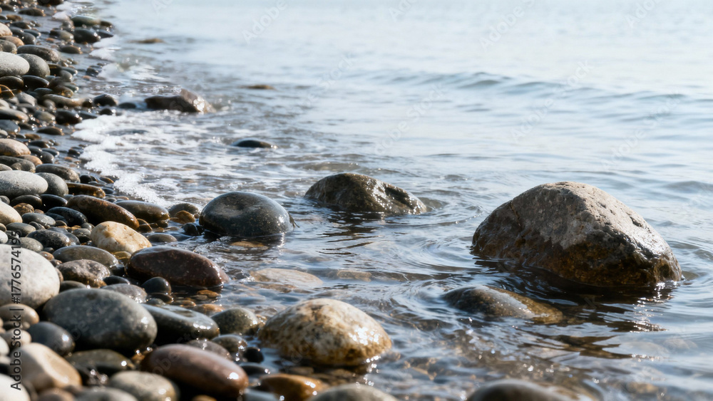 Obraz premium Ocean waves washing over smooth pebbles on a beach, natural coastal scenery. travel magazines, destination branding, designed for outdoor magazines and nature guides, used by architects.
