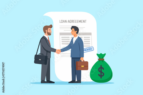 Loan agreement borrow money from bank, mortgage, debt or obligation to pay back interest rate, personal loan or financial support concept, businessman shaking hand with loan agreement and money bag.