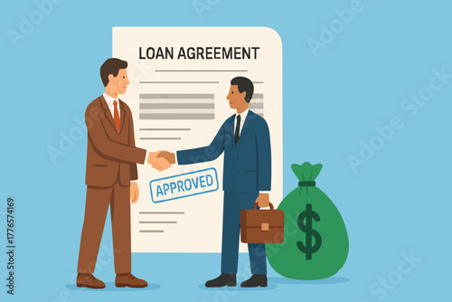 Loan agreement borrow money from bank, mortgage, debt or obligation to pay back interest rate, personal loan or financial support concept, businessman shaking hand with loan agreement and money bag.