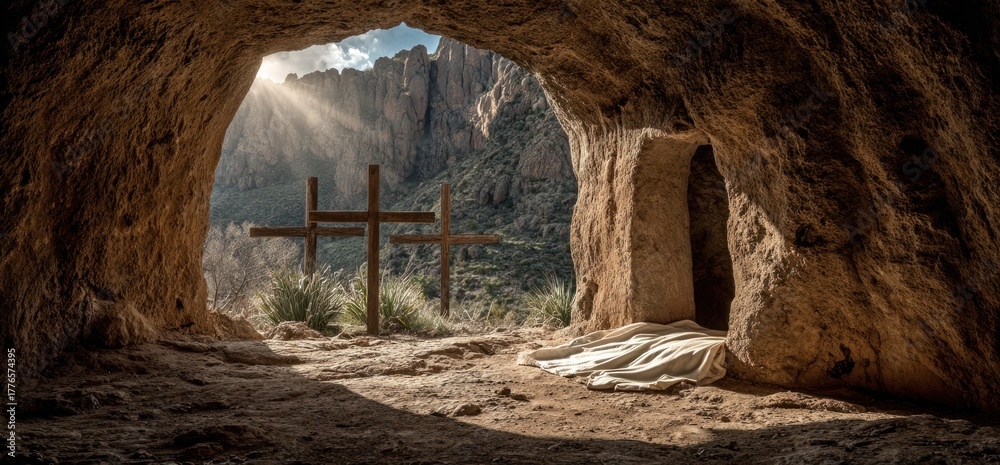 Obraz premium Empty Tomb of Jesus Christ with Cross and Sunlight.
