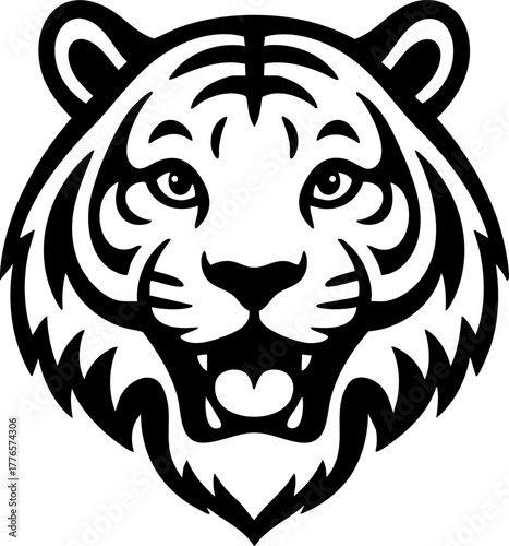 Flat silhouette of a tiger head with a relaxed and pleasant expression.