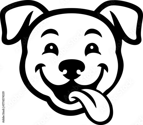 Vector of a mixed-breed dog head with tongue out in flat black silhouette.
