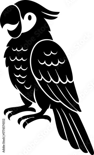 Silhouette vector of a parrot head in flat black design with soft lines.