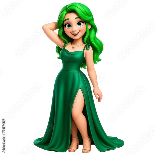 Smiling animated character with vibrant green hair wears an elegant green dress with thigh-high slit.eps