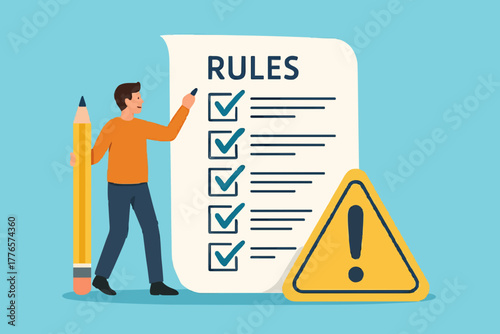 Rules and regulations, policy and guideline for employee to follow, legal term, corporate compliance or laws, standard procedure concept, businessman finish writing rules and regulations document.