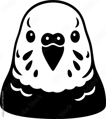 Vector silhouette of a parakeet head viewed from the front with curved beak.