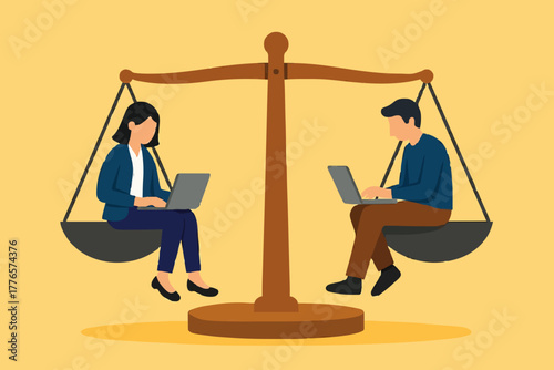 Gender equality in the workplace - Businessman and woman on scale with equal weight between the genders. Vector illustration.