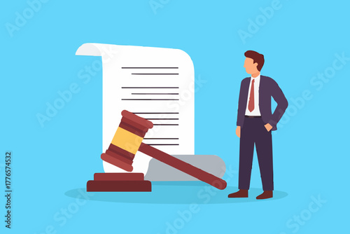 Legal document, attorney or court professional office, law and judgment approval paper concept, mature lawyer holding legal document with a gavel hammer symbol of court or judgement.